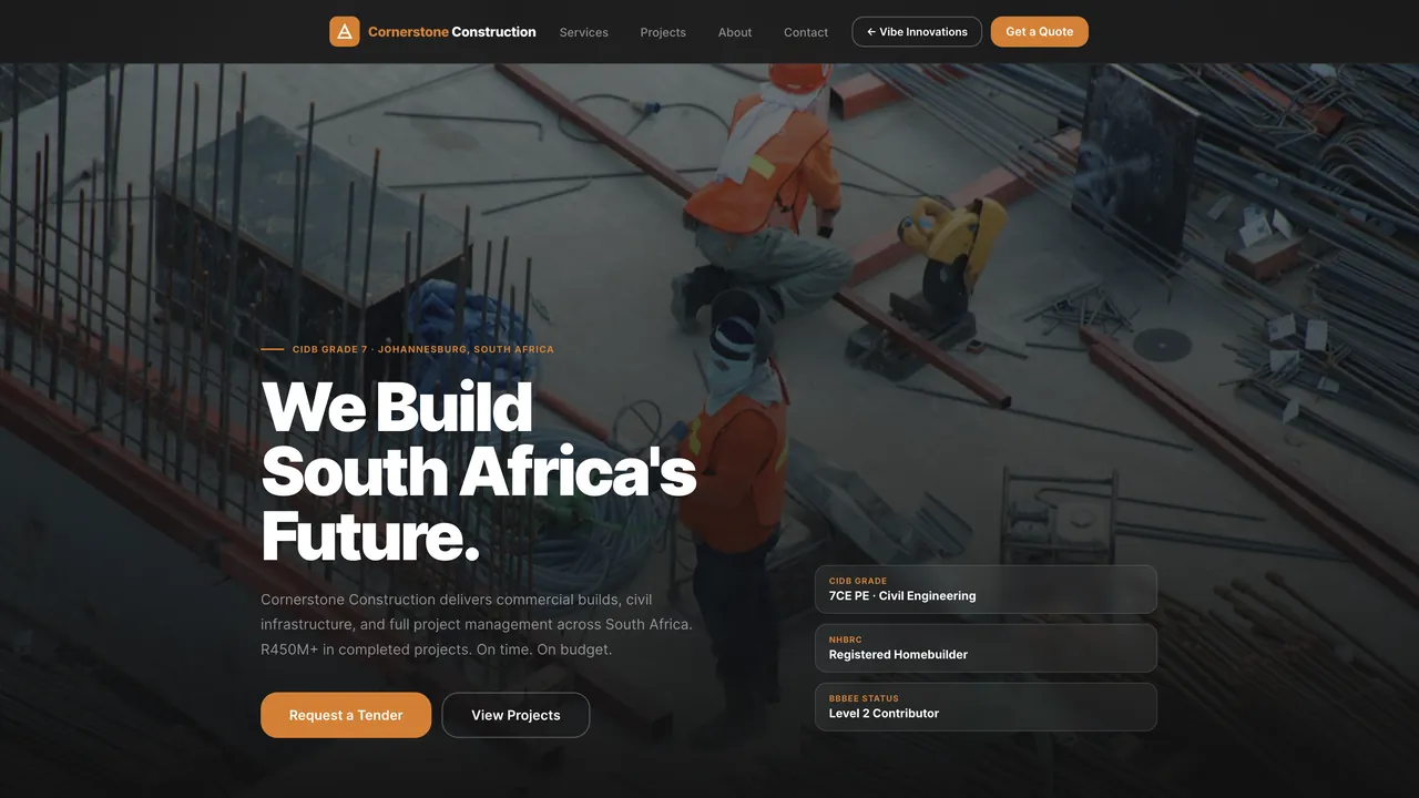 The Cornerstone Construction website: We Build South Africa's Future.