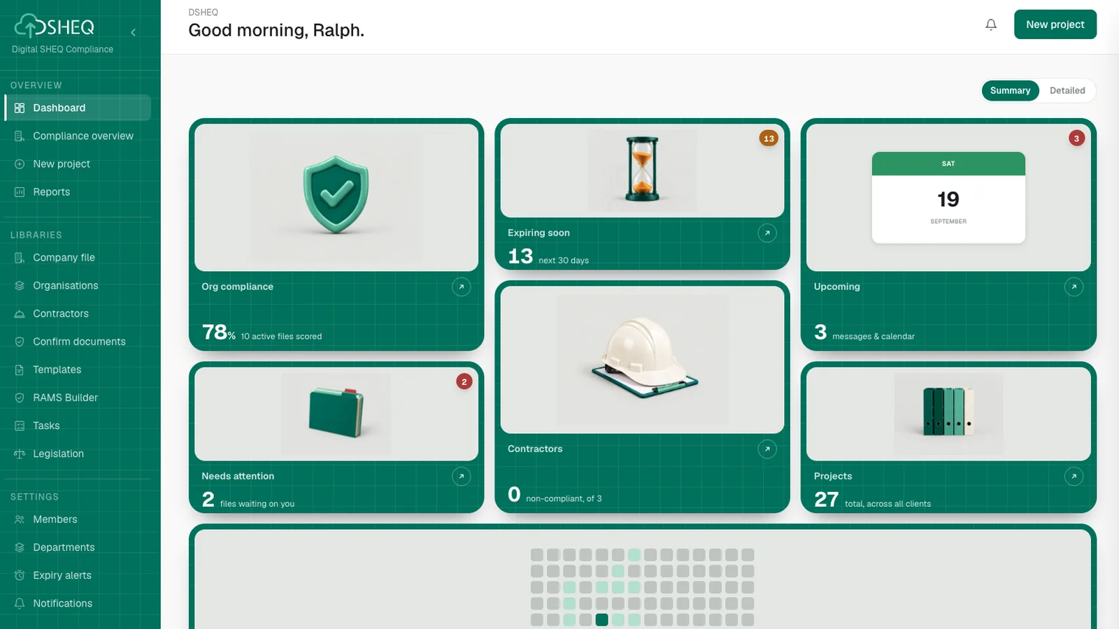 The DSHEQ dashboard: org compliance score, documents expiring soon, contractor status and project totals