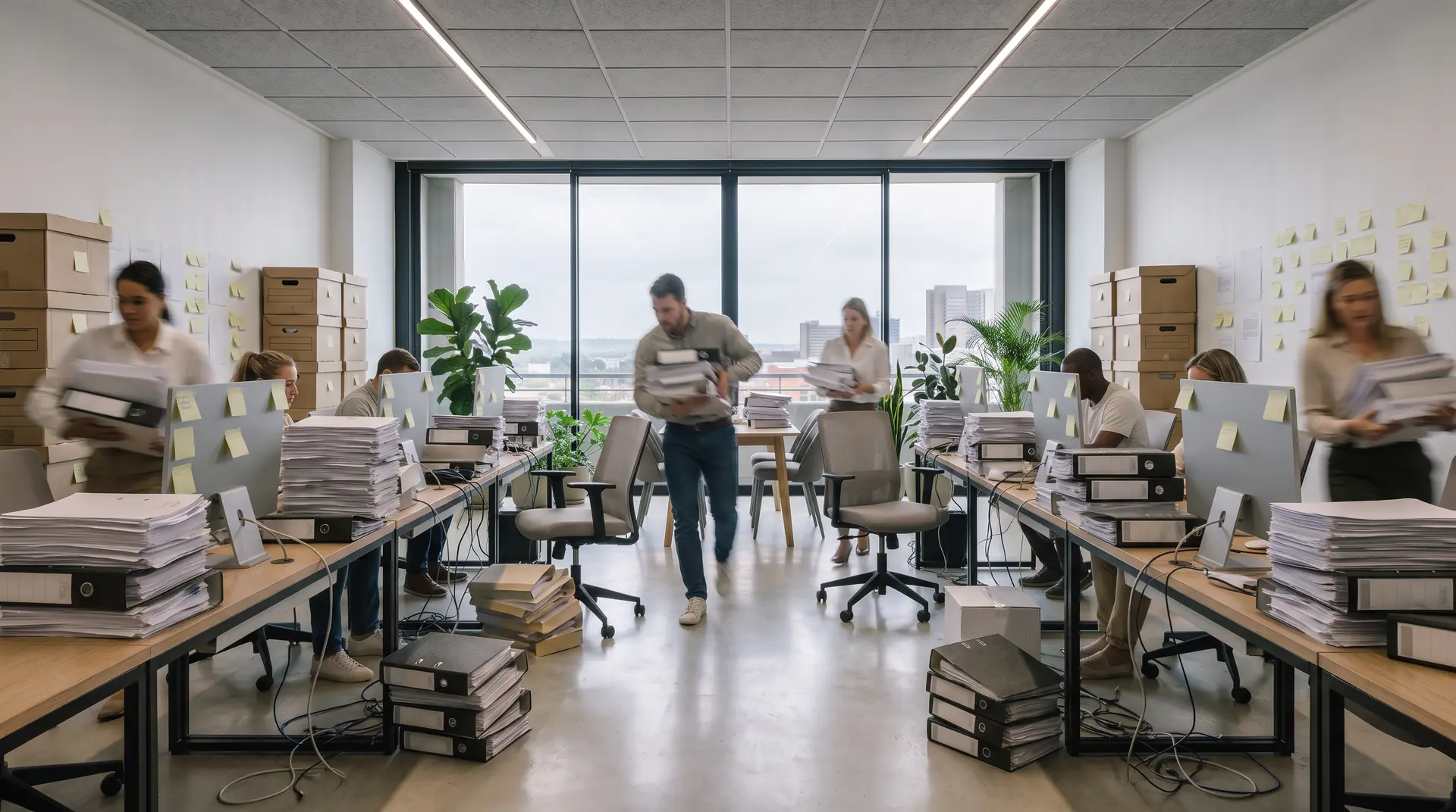 An office overwhelmed by paper files, archive boxes and staff carrying documents between desks