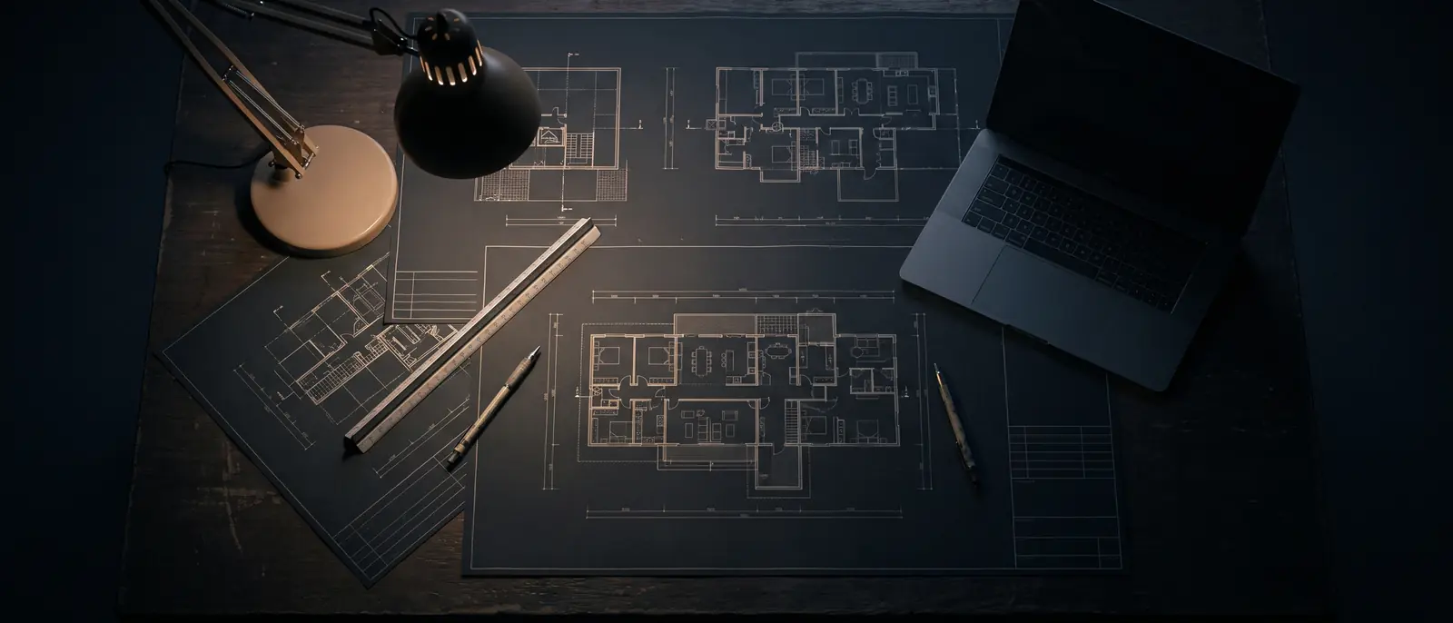 An architect's desk at night, technical drawings lit by a single lamp