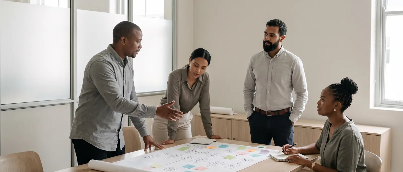 Four colleagues around a table covered in process diagrams and sticky notes, mid-discussion