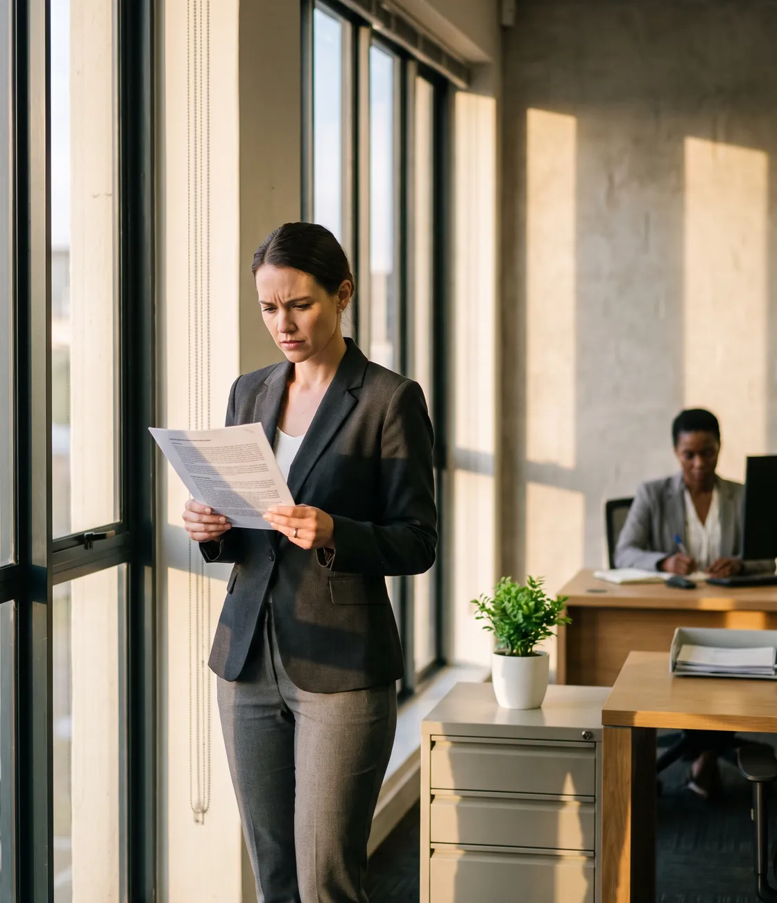 A consultant standing at an office window, reading through a printed document while a colleague works at a desk behind her